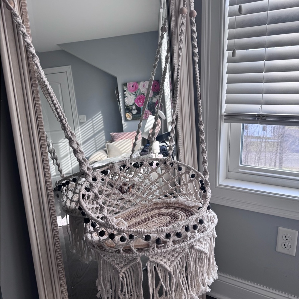 Boho Macramé Hanging Basket with Black Pom-Pom Trim - Picture 2 of 4